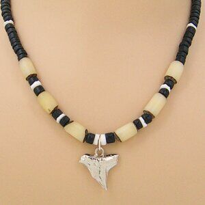 Silver Shark Tooth 18" 21" 24" Necklace Coconut, Puka Shells, Buri Beads 7027-06